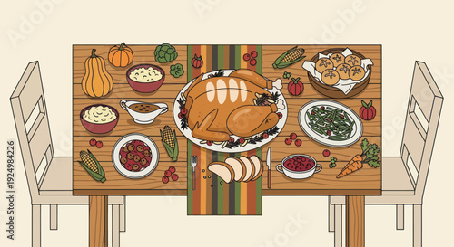 Festive Thanksgiving Dinner Spread with Roasted Turkey and Side Dishes
