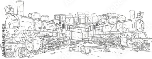 Multiple vintage steam engines gathered on a snowy track