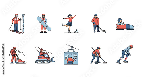 Ten icons representing winter sports and mountain support activities on a white background