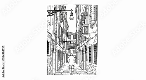 Man walks down a narrow European street lined with old buildings and an ornate lamp
