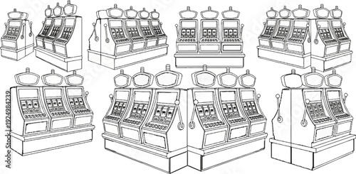Multiple slot machines in various configurations, illustrated in a line drawing