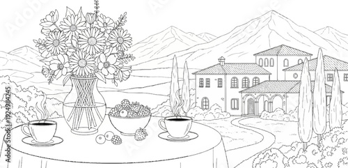 Morning coffee and berries served with a villa and mountain backdrop