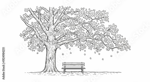 Detailed drawing of a large tree with falling leaves and a park bench beneath
