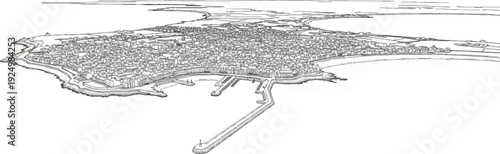 Detailed ink sketch of a densely populated coastal town with a busy harbor