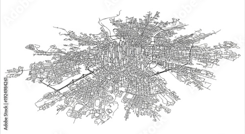 Detailed outline drawing of a sprawling urban cityscape with dense buildings and roads