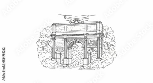 Drone hovers atop a classic stone archway adorned with ancient sculptures and trees