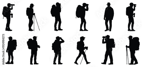 A collection of silhouettes depicting various photographers in action isolated on white background, Vector, illustration