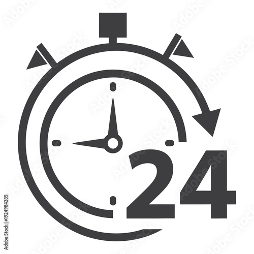 Twenty four hour clock icon with stopwatch and number twenty four icon