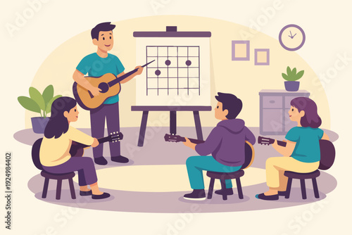 Guitar teacher pointing at a chord chart helping students learn music