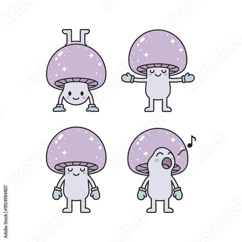Cartoon mushrooms with different emotions and actions in a simple design style