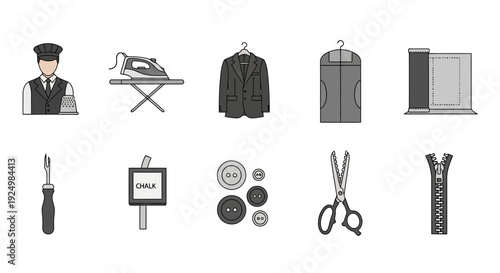Ten tailoring and dry cleaning icons arranged in two rows against a white background