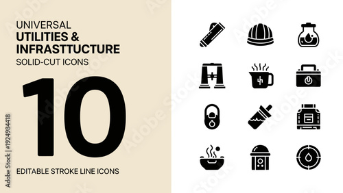 Universal Utilities and Infrastructure Solid Cut Icons Set.