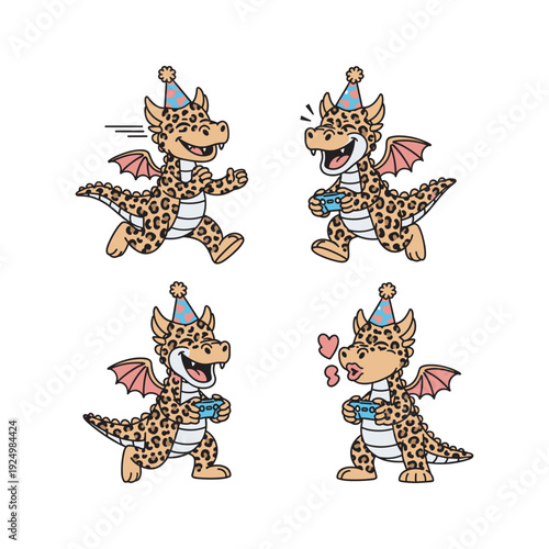 Cute cartoon leopard dragons running and expressing emotions with party hats