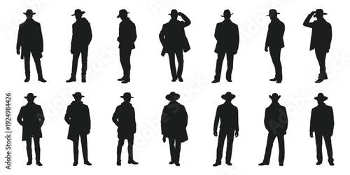 Silhouettes of diverse individuals in various styles of hats and attire isolated on white background, Vector, illustration