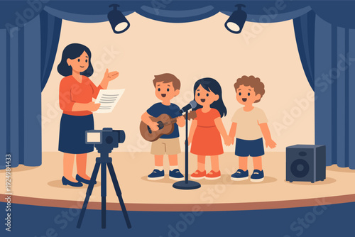Children performing on stage with teacher and recording camera during school concert