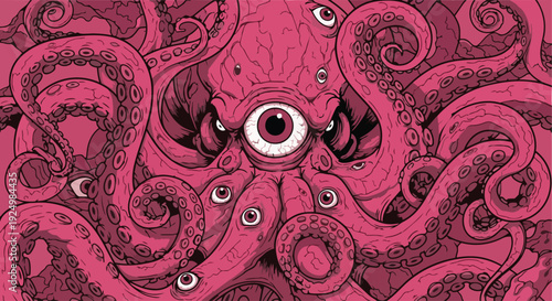 A close-up illustration of an octopus with tentacles wrapping around its central body viewed from the front
