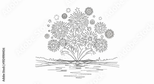 Festive fireworks erupt over a city skyline and bridge at night