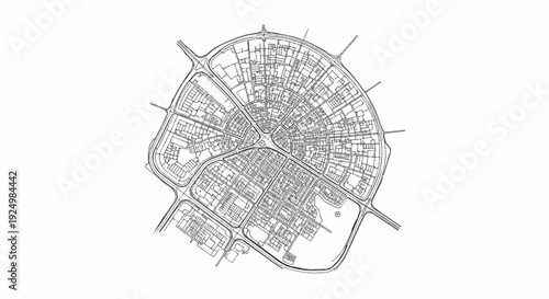Detailed radial street map showing urban blocks and roads in a circular pattern