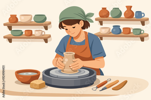 Woman working on a pottery wheel creating clay ceramics, craft hobby workshop