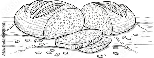 Freshly baked loaves of bread, sliced, with scattered grains on a wooden surface