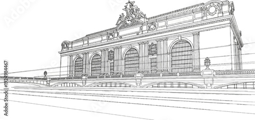 Elaborate line art drawing of an ornate classical building with arches and columns
