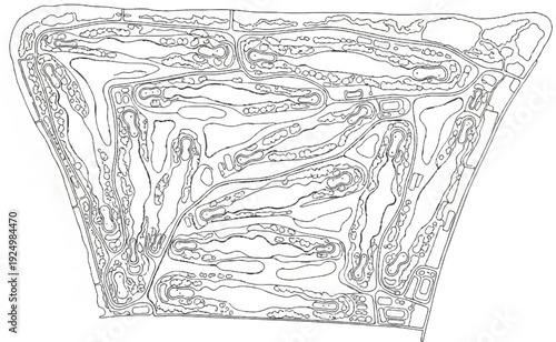 Intricate aerial line drawing of a complex golf course layout