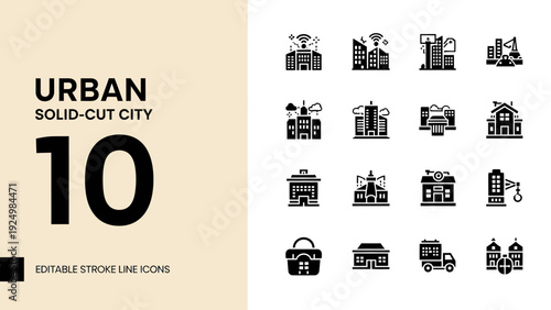 Urban Solid Cut City Icons Collection Representing Modern Architecture.