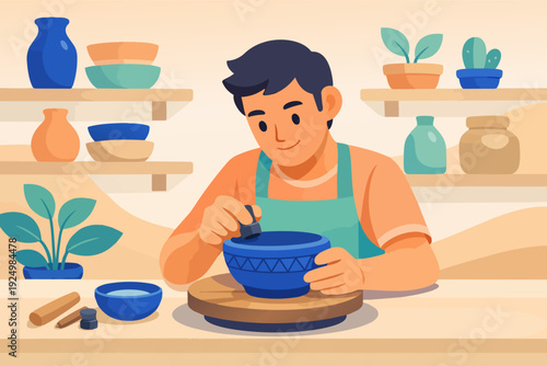 Young man creating ceramic pottery in his studio, practicing a creative hobby