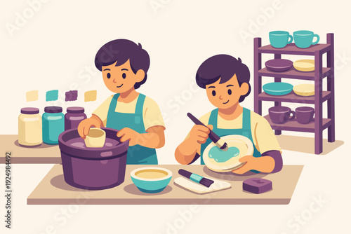 Two young people in aprons working on ceramic pieces, applying glaze and painting