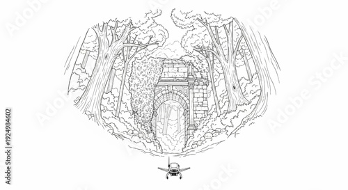 Drone approaches ancient stone archway overgrown with vines in a forest