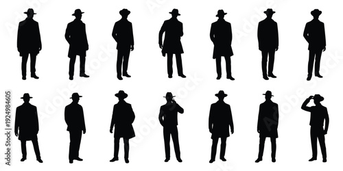 Historical figures depicted in silhouette style with various iconic poses and attire isolated on white background, Vector, illustration