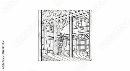 Interior view of a rustic wooden barn with haystacks and a ladder