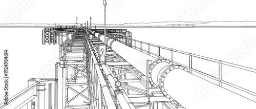 Industrial pipeline infrastructure spanning across a flat, featureless landscape under a clear sky
