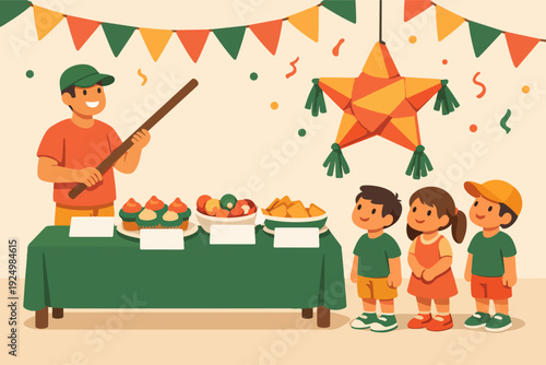 Man holding stick for pinata game with children at a festive celebration