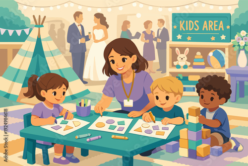 Childcare at event, babysitter playing with kids in designated entertainment area