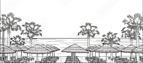 Hand-drawn sketch of a beach with palm trees and thatched umbrellas under a vast sky