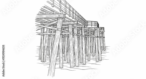 Detailed line drawing of a wooden pier on stilts over water