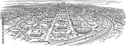 High-angle sketch depicts a sprawling urban landscape with varied buildings and a busy highway