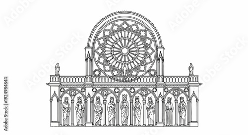 Intricate architectural drawing of a Gothic facade with a rose window and regal figures