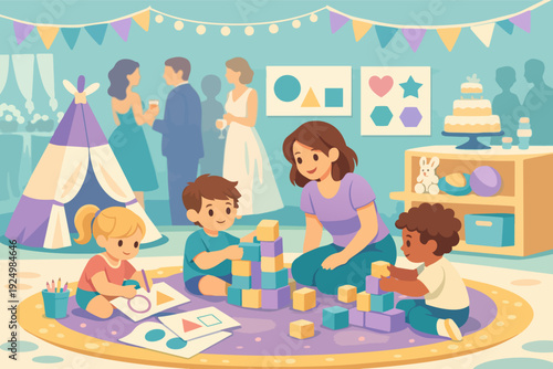 Children playing with babysitter at wedding reception or party childcare service