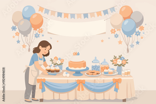 Woman preparing a festive dessert catering table for a birthday party