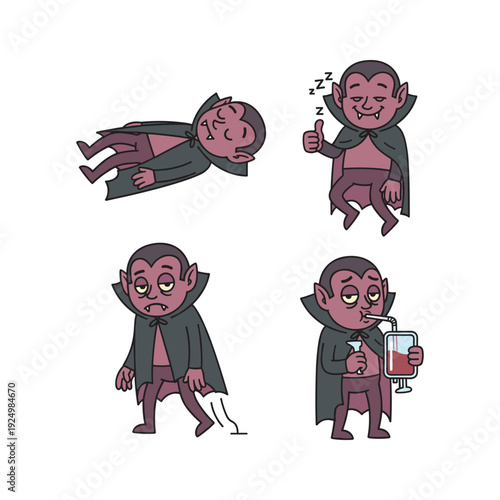 Cartoon vampire character in different poses and emotions with a drink