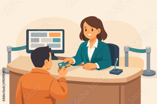 Bank teller assisting customer with financial transaction at service counter