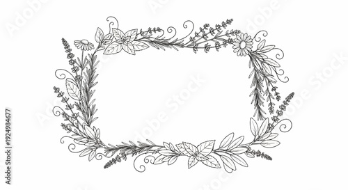 Elegant botanical border with herbs and flowers, sketched in monochrome