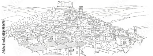 Hillside village with a castle on the peak, surrounded by rolling hills