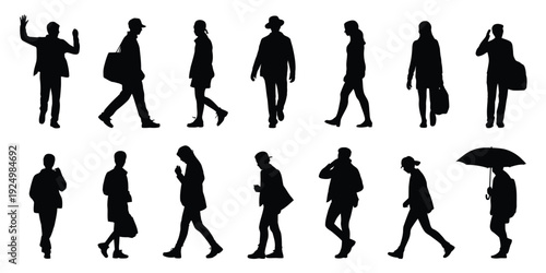 Silhouettes of diverse individuals walking in various styles and poses. isolated on white background, Vector, illustration