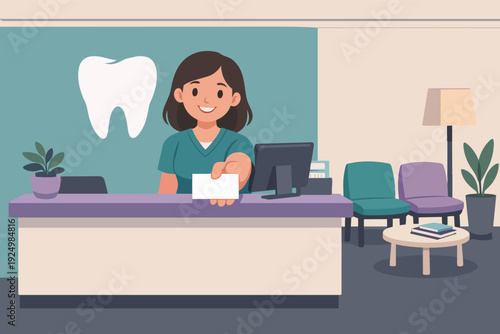 Smiling dental receptionist offering business card at clinic reception desk