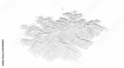 Intricate contour lines depict a detailed topographical map of a hilly terrain
