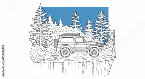 Off-road vehicle parked on cliff edge amidst snow-covered trees