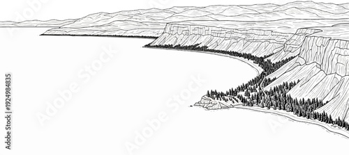 Jagged cliffs plunge towards a tree-lined bay, with rolling hills in background